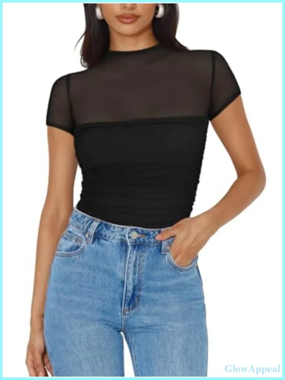 Mock Turtle Neck Short Sleeve Mesh Ruched Bodysuit